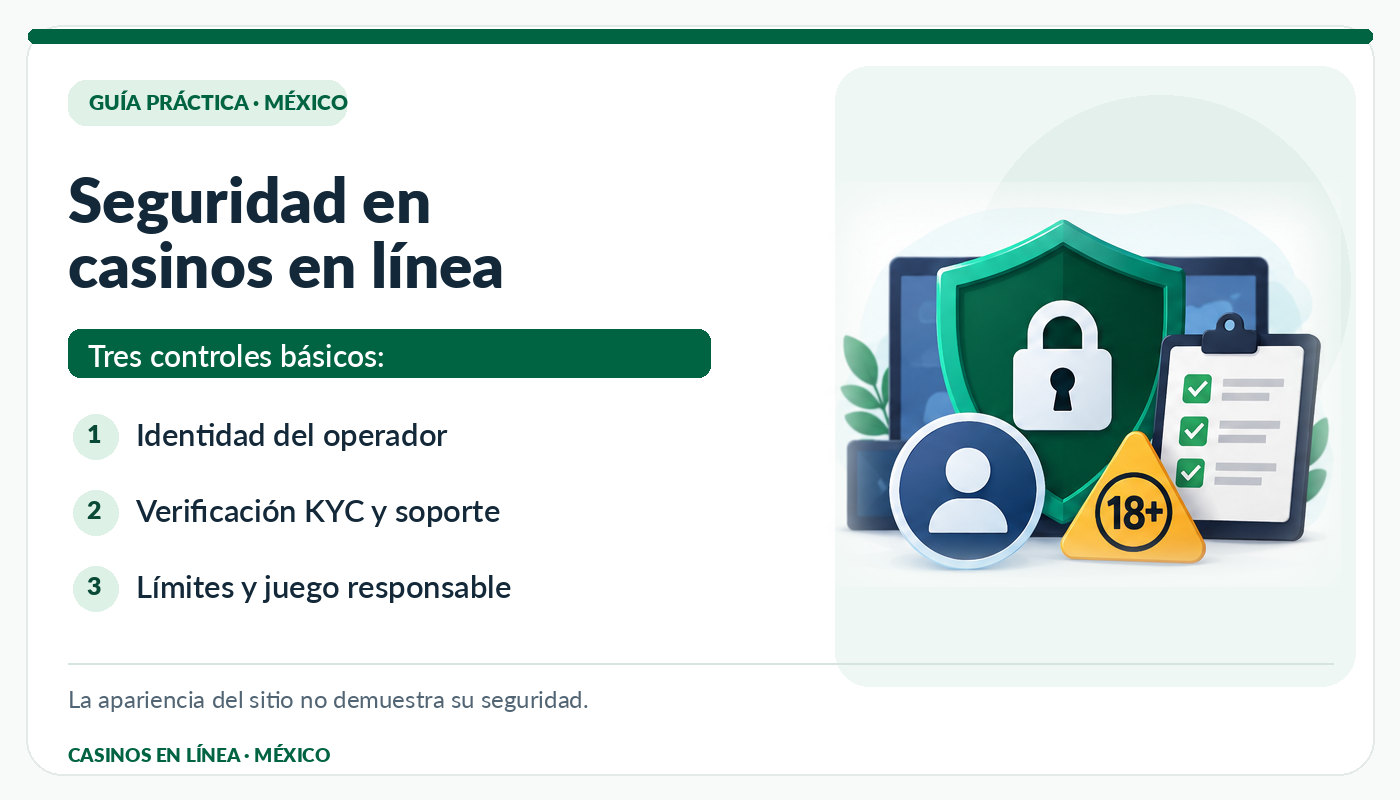 Infografía de identidad del operador, KYC, límites y juego responsable para casinos en México
